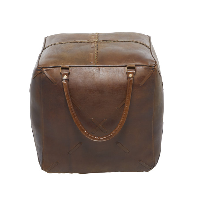 Loon Peak® Brown Canvas Pouf with Leather Handles 20" x 20" x 19" Wayfair